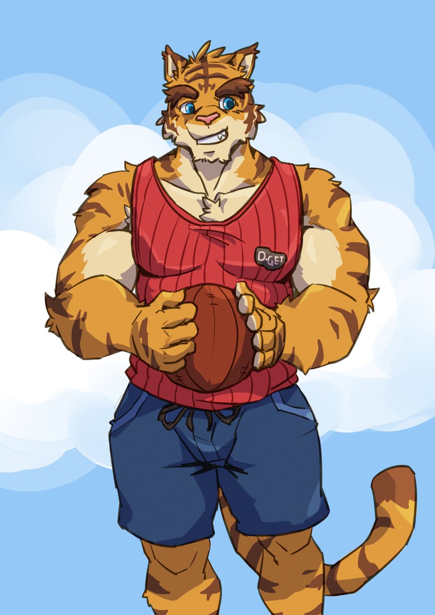 anthro ball big_muscles blue_background blue_bottomwear blue_clothing blue_eyes blue_pants bottomwear clothed clothing cloud male muscular pants rugby_ball shirt simple_background smile solo standing tank_top topwear kounfuyu morenatsu torahiko_(morenatsu) felid mammal pantherine tiger 2021 absurd_res hi_res