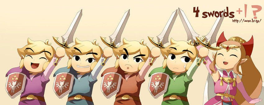 accessory blonde_hair blue_clothing bow_(feature) bow_accessory bow_ribbon clothing dress female green_clothing group hair hair_accessory hair_bow hair_ribbon male melee_weapon not_furry pink_clothing pink_dress purple_clothing red_clothing ribbons shield simple_background sword weapon unknown_artist four_swords nintendo the_legend_of_zelda wind_waker princess_zelda toon_link toon_zelda humanoid hylian