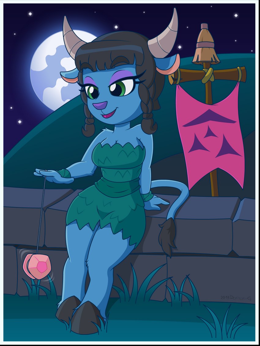 anthro blue_body blue_fur breasts brown_hair cleavage clothed clothing dress eyelashes female flag flag_(object) fur grass green_clothing green_dress green_eyes hair horn lipstick makeup moon night plant solo star strapless_clothing strapless_dress yo-yo doctor-g activision spyro_the_dragon krista_(spyro) faun 2019 hi_res