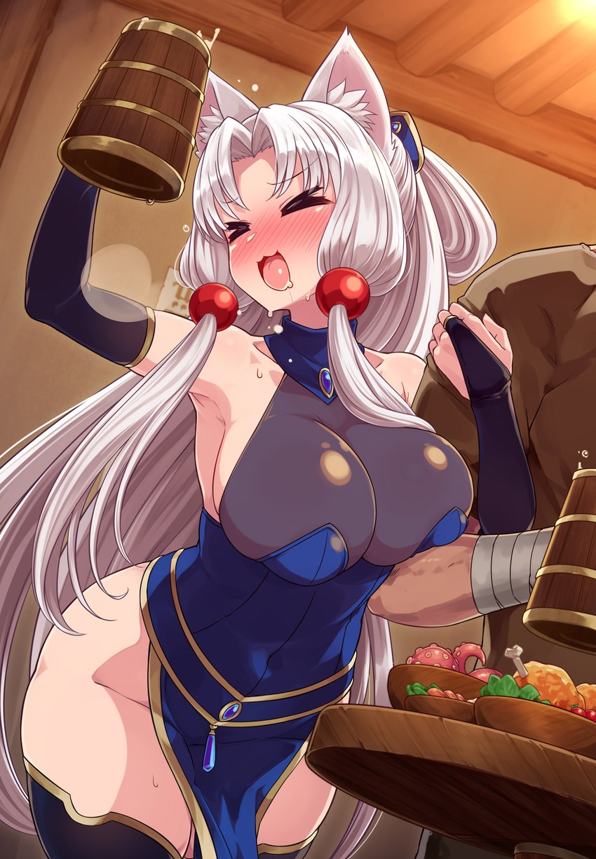 accessory arm_in_arm armwear bare_shoulders big_breasts blush bowl breasts ceiling cleavage clothed clothing container drinking drunk duo ear_tuft elbow_gloves eyes_closed female food furniture gem gloves hair hair_accessory handwear inside legwear long_hair male skimpy smile solo_focus substance_intoxication table tankard thigh_highs tuft white_hair null_(nyanpyoun) voiceroid touhoku_itako animal_humanoid canid canid_humanoid canine canine_humanoid fox_humanoid humanoid mammal mammal_humanoid 2021 hi_res