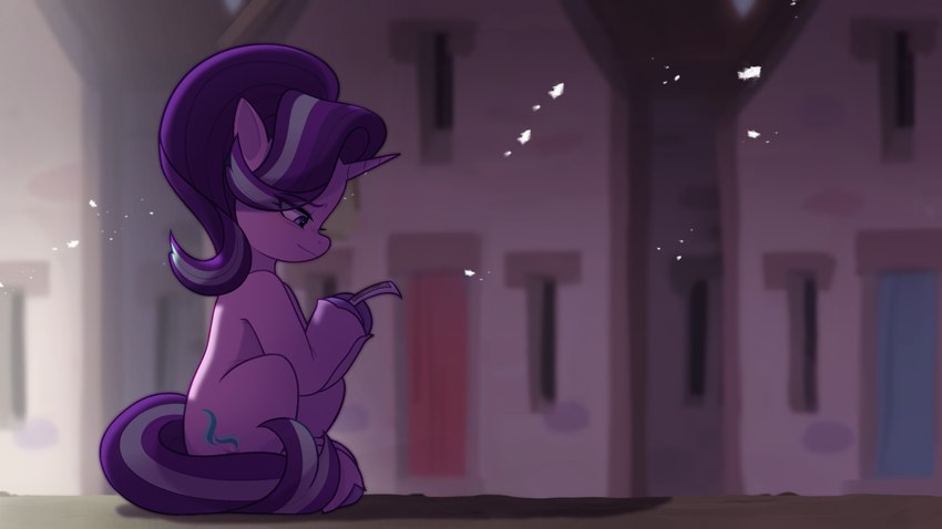 blue_eyes building cutie_mark female feral hair holding_object horn house paper pink_body purple_hair sitting solo marenlicious friendship_is_magic hasbro my_little_pony mythology starlight_glimmer_(mlp) equid equine mammal mythological_creature mythological_equine unicorn hi_res