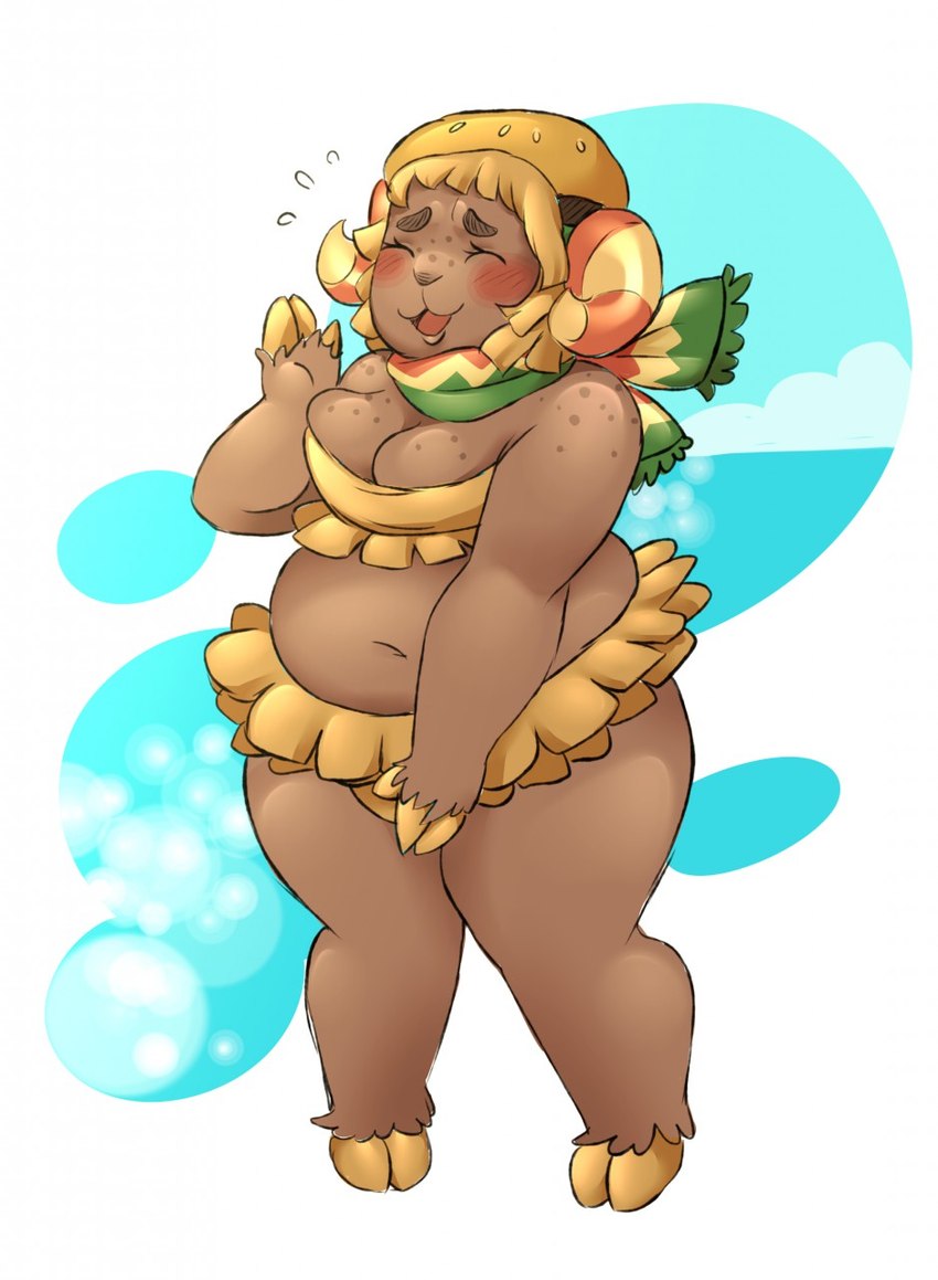 2_horns anthro belly biped blush breasts brown_body brown_fur burger cleavage clothed clothing curved_horn eyelashes eyes_closed female food freckled_breasts freckled_face freckled_shoulders freckles frilly frilly_clothing frilly_swimsuit frilly_swimwear fur hair hooves horn kerchief lips love_handles medium_breasts navel neckerchief neckwear open_mouth open_smile orange_hair overweight overweight_anthro overweight_female shy simple_background smile solo standing striped_horn stripes swimwear thick_thighs three-quarter_view two-piece_swimsuit wide_hips yellow_hooves robirobi animal_crossing nintendo frita_(animal_crossing) bovid caprine mammal sheep 2018 full-length_portrait hi_res portrait