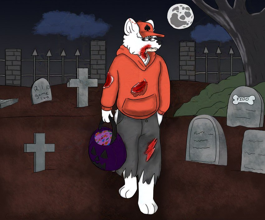 anthro blood bodily_fluids cemetery eyewear glasses gore holidays male solo wearing_glasses gamekun halloween arctic_fox canid canine fox mammal true_fox undead zombie