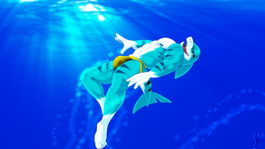 abs anthro blue_body blue_scales blue_stripes bubble bulge clothed clothing dorsal_fin fin gloves_(marking) jockstrap jockstrap_only leg_markings looking_at_viewer male markings muscular muscular_anthro muscular_male notched_tail open_mouth open_smile scale_markings scales shark_fin shark_tail smile socks_(marking) solo striped_body striped_markings striped_scales striped_tail stripes tail tail_markings teeth tongue topless underwater underwear underwear_only water white_body white_scales yellow_clothing yellow_jockstrap yellow_underwear fabfelipe fish marine shark 2012