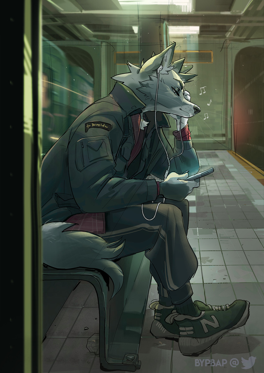 anthro bottomwear clothed clothing electronics footwear fully_clothed inside inside_train jacket looking_down male musical_note musical_symbol pants phone shoes sitting sneakers solo sweatpants symbol text text_on_clothing text_on_footwear text_on_shoes topwear bypbap canid canine mammal 2020 hi_res