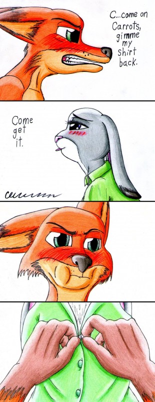 blush dialogue female feral fur text the1king disney zootopia judy_hopps nick_wilde canid canine fox lagomorph leporid mammal rabbit red_fox true_fox absurd_res comic english_text hi_res url