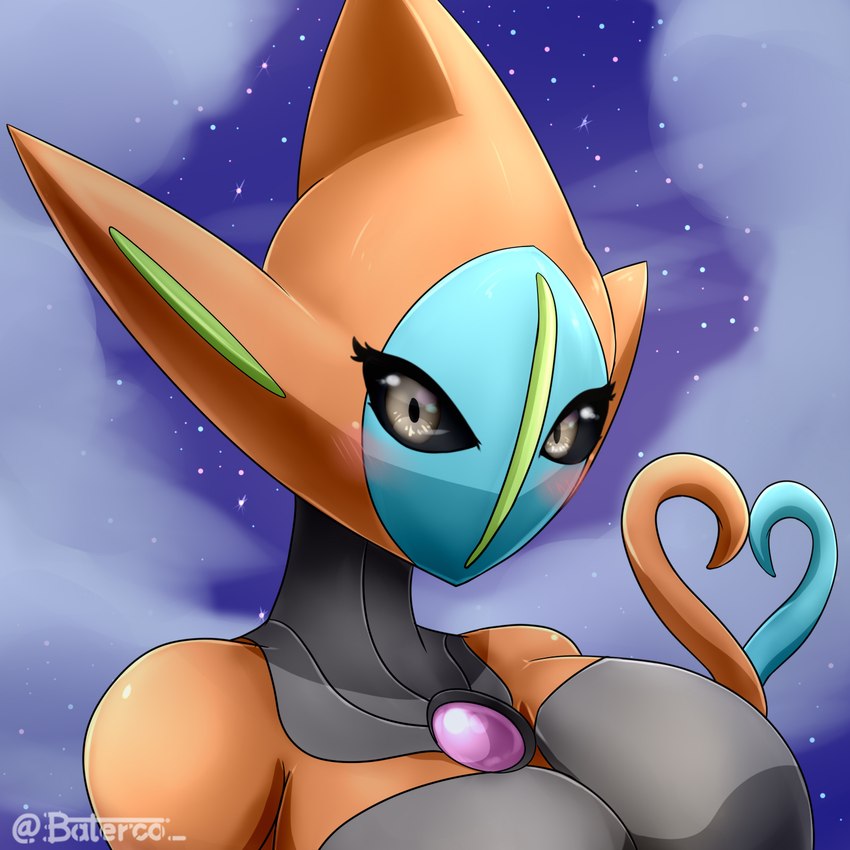 big_breasts black_sclera blue_body blush breasts chest_gem female gem gesture grey_eyes huge_breasts looking_at_viewer mouthless multicolored_body not_furry orange_body simple_background sky solo star starry_sky tail tail_gesture tail_heart two_tone_body baterco nintendo pokemon alien attack_forme_deoxys deoxys generation_3_pokemon humanoid legendary_pokemon pokemon_(species) 1:1 2022 bust_portrait hi_res portrait signature