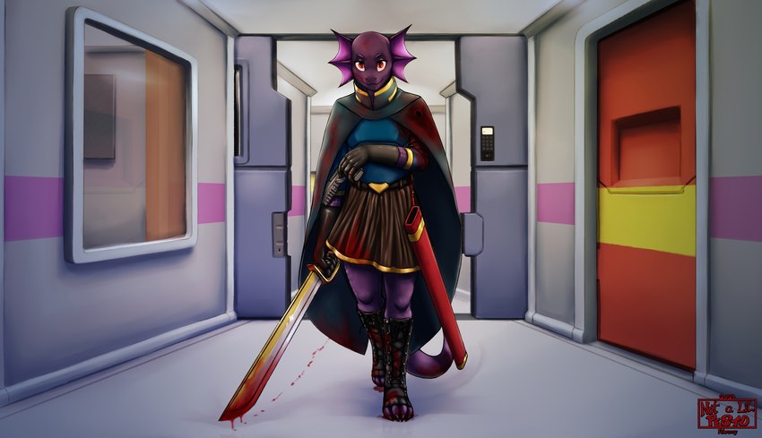 anthro armor blood blood_on_clothing blood_on_face blood_stain bodily_fluids bottomwear clothed clothing female gun handgun melee_weapon pistol purple_body ranged_weapon red_eyes science_fiction skirt solo sword sword_sheath weapon not_a_lil_pesto unknown_character reptile scalie hi_res