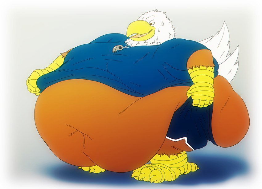 4_toes 5_fingers anisodactyl anthro athletic_wear avian_feet beak belly big_belly big_butt biped blue_clothing blue_shirt blue_topwear bodily_fluids bottomwear brown_body brown_feathers butt claws clothed clothing deep_navel feathers feet finger_claws fingers gym_bottomwear gym_shirt gym_shorts gym_topwear huge_belly huge_butt huge_thighs hyper hyper_belly male moobs morbidly_obese morbidly_obese_anthro morbidly_obese_male multicolored_body multicolored_feathers navel obese obese_anthro obese_male open_beak open_mouth open_smile overweight overweight_anthro overweight_male pink_tongue scuted_arms scutes shadow shirt shorts simple_background smile solo standing sweat sweatdrop tail tail_feathers talons thick_thighs three-quarter_view toe_claws toes tongue topwear torn_bottomwear torn_clothing whistle_(object) white_background white_body white_feathers yellow_beak yellow_claws teddybearlumpkins louie_swanson accipitrid accipitriform avian bald_eagle bird eagle sea_eagle 2018 digital_media_(artwork) shaded