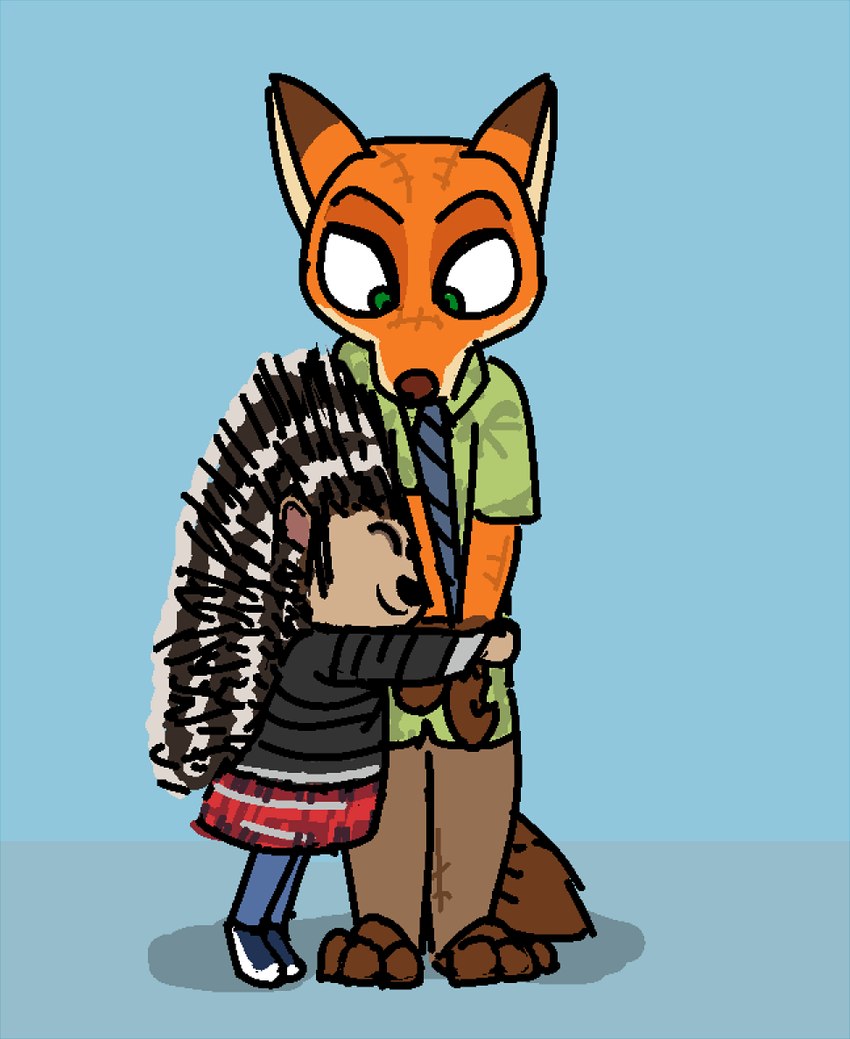 3_toes aloha_shirt anthro barefoot biped black_nose blue_background bottomwear brown_nose clothed clothing costume daww dipstick_ears duo ear_markings eyes_closed feet female footwear fully_clothed fursuit gloves_(marking) green_eyes hug jacket looking_at_another looking_down looking_down_at_another male markings mascot_costume multicolored_ears necktie pants pattern_clothing pattern_shirt pattern_topwear shirt shoes simple_background size_difference skirt skousers smile standing tiptoes toes topwear spookitty disney disney_parks disneyland illumination_entertainment sing_(movie) zootopia ash_(sing) nick_wilde canid canine fox mammal porcupine red_fox rodent true_fox 2023 aliasing colored_sketch crossover digital_drawing_(artwork) digital_media_(artwork) flat_colors sketch