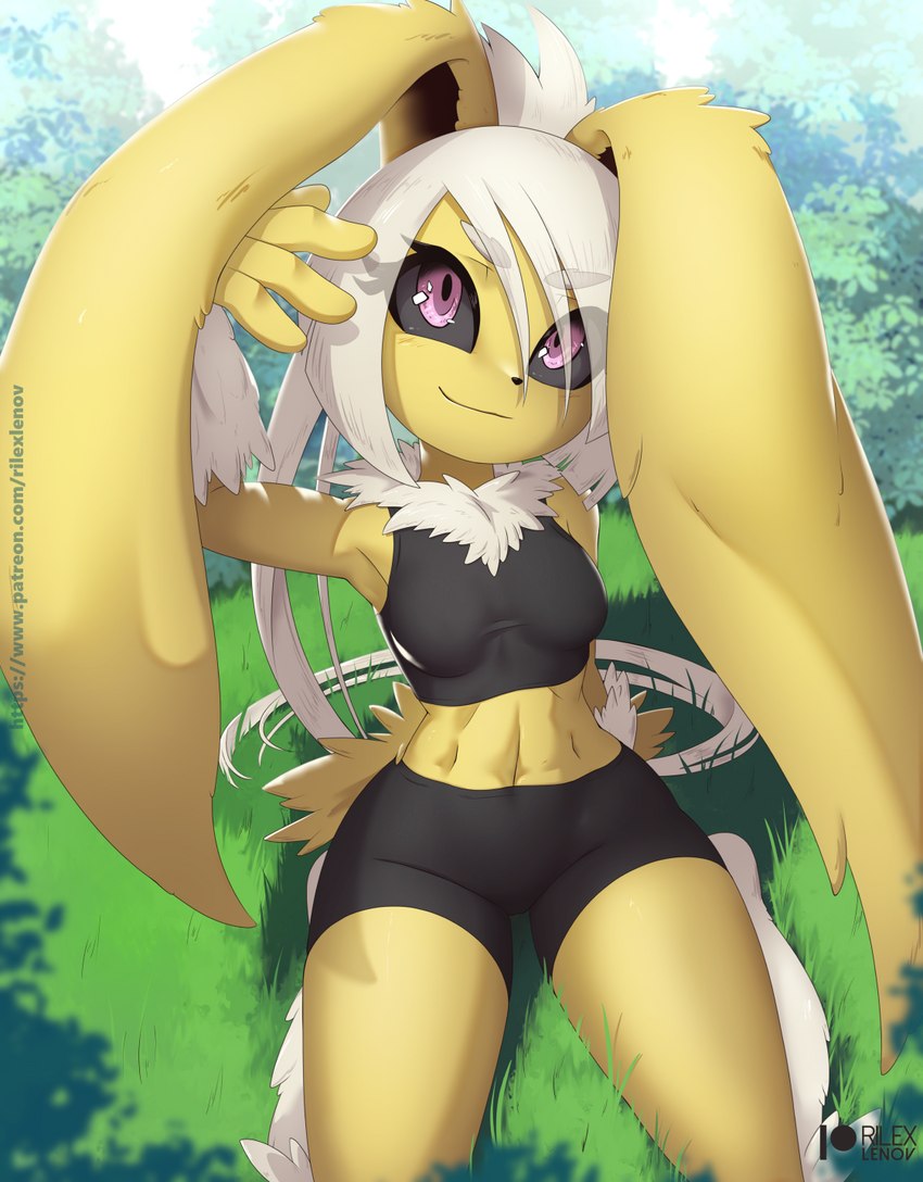 anthro breasts clothing female fur hair purple_eyes solo sportswear white_hair yellow_body yellow_fur rilex_lenov nintendo pokemon elaine_(rilex_lenov) lizzy_(rilex_lenov) eeveelution generation_1_pokemon generation_4_pokemon jolteon lopunny pokemon_(species) 2023 hi_res