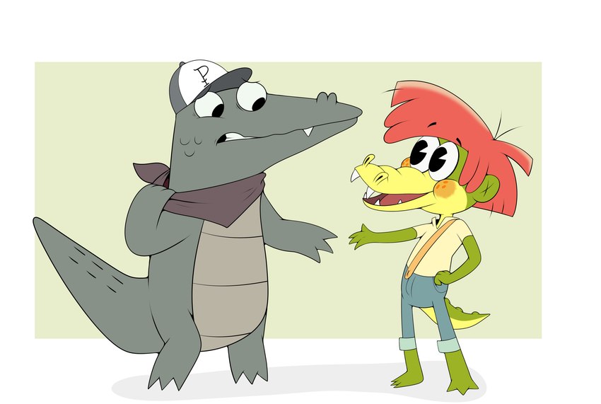 anthro clothing duo hat headgear headwear male outstretched_arm young young_anthro enookie arlo_the_alligator_boy later_alligator pillowfight smallbu arlo_beauregard pat_(later_alligator) alligator alligatorid crocodilian reptile scalie hi_res