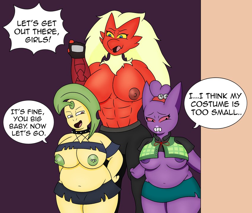 abs anthro belly big_breasts breasts clothed clothing cosplay costume female group halloween_costume holidays muscular short_stack shy skimpy slightly_chubby text topless trio bloodred739 animal_crossing halloween helluva_boss nintendo pokemon bayleef blaziken generation_1_pokemon generation_2_pokemon generation_3_pokemon gengar pokemon_(species) english_text hi_res