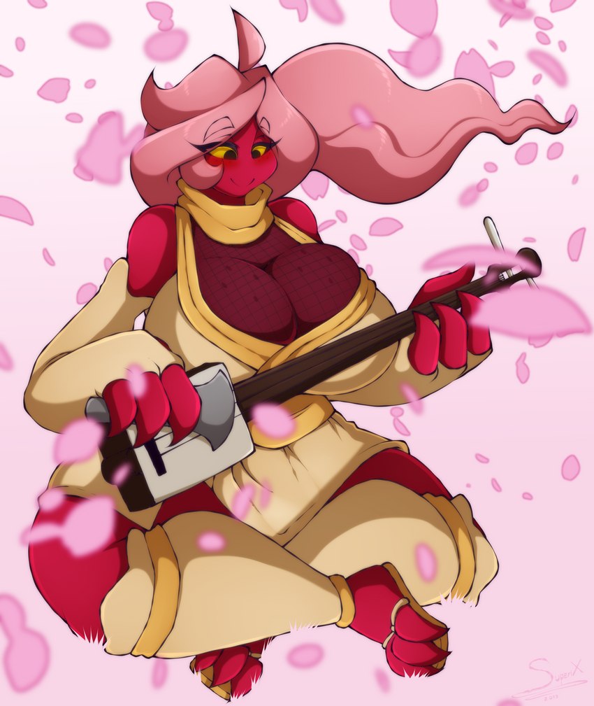 big_breasts blush breast_squish breasts cleavage clothed clothing curvy_figure dot_eyes dress eyelashes feet female fingers fishnet_clothing footwear hair huge_breasts long_hair musical_instrument not_furry petals pink_hair red_body red_skin sandals shoes simple_background simple_eyes sitting smile solo squish toes voluptuous yellow_sclera superix kyoob_(thegentlebro) humanoid mimic 2019 absurd_res artist_name digital_media_(artwork) hi_res signature