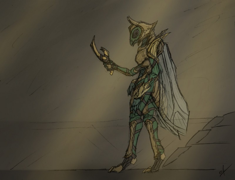 armor clothed clothing exoskeleton female gold_(metal) gold_armor green_body horn mandibles sickle simple_background solo standing wings arthropod beetle cicada insect true_bug