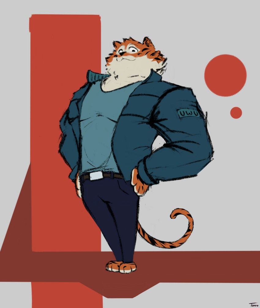 abstract_background anthro belt bottomwear clothed clothing countershading jacket legs_together looking_at_viewer looking_down male muscular muscular_anthro muscular_male open_clothing open_jacket open_topwear popped_collar shirt smile solo standing topwear uwu torrn felid mammal pantherine tiger digital_drawing_(artwork) digital_media_(artwork) full-length_portrait hi_res portrait signature