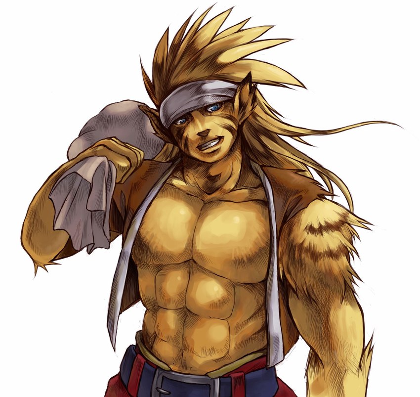 accessory animal_ears anthro biceps blue_eyes clothed clothing fur headband long_fur male markings open_clothing open_shirt open_topwear pecs shirt sleveless_shirt smile solo striped_markings stripes topwear yellow_body yellow_fur unknown_artist breath_of_fire capcom rei_(breath_of_fire) animal_humanoid felid felid_humanoid feline feline_humanoid humanoid mammal mammal_humanoid hi_res