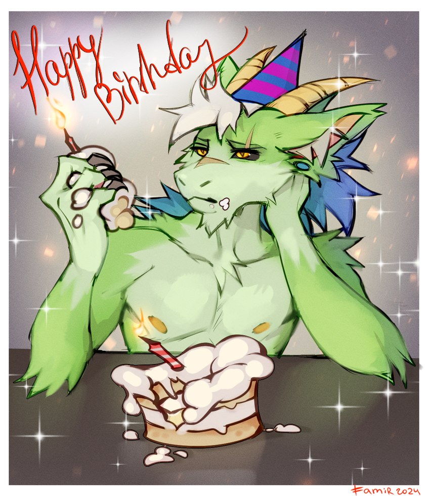 anthro arm_tuft black_sclera blue_hair candle cheek_tuft ear_piercing eating_cake elbow_tuft facial_hair facial_tuft front_view fur gauged_ear goatee green_body green_fur hair horn inner_ear_fluff male mouth_closed multicolored_hair nipples piercing pupils shoulder_tuft slit_pupils solo tuft two_tone_hair white_hair white_inner_ear_fluff yellow_eyes yellow_horn yellow_nipples famir mythology famir_(character) bovid caprine dragon furred_dragon furred_scalie goat hybrid mammal mythological_creature mythological_scalie scalie hi_res