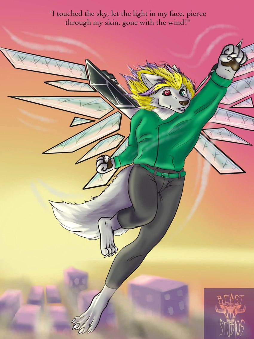 anthro blonde_hair bottomwear city clothing cloud cybernetic_eye cybernetics evening fist fur hair highlights_(coloring) hoodie lyrics machine male pants pawpads paws solo tail text topwear white_body white_fur wings beast_stud10s techmo_snowspark_(techmo) android canid canine canis domestic_dog mammal nordic_sled_dog robot samoyed spitz absurd_res english_text hi_res watermark