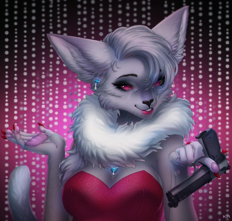 anthro breasts clothed clothing ear_piercing ear_ring female fur gun hair handgun holding_gun holding_object holding_ranged_weapon holding_weapon jewelry looking_at_viewer makeup necklace piercing pink_eyes pistol ranged_weapon ring_piercing smile solo weapon white_hair yellow_sclera mikinyaro cosette_(captyns) felid mammal hi_res