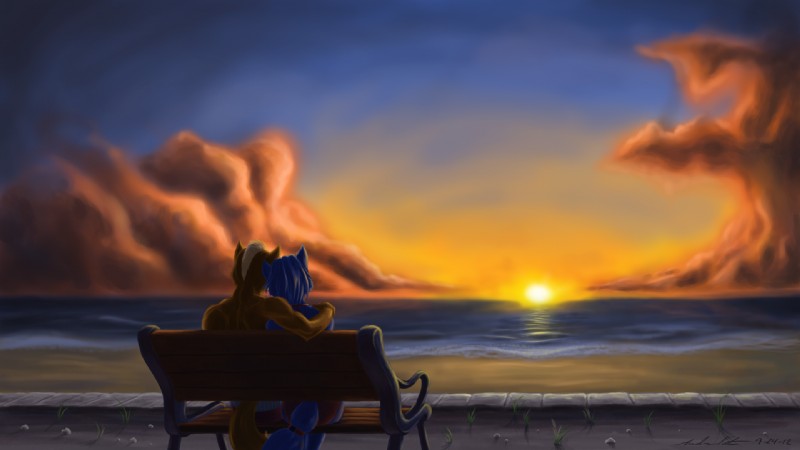 anthro beach bench black_nose blue_body blue_fur blue_hair brown_body brown_fur canon_couple clothing cloud duo female fur hair hug male outside sand seaside short_hair sitting water white_body white_fur atticuskotch nintendo star_fox fox_mccloud krystal_(star_fox) canid canine fox mammal 16:9 2012 widescreen