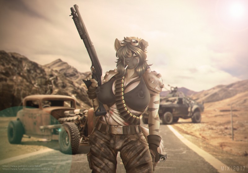 anthro armor bandage blood bodily_fluids bra breasts bullet car cigarette clothed clothing ear_piercing explosives facial_piercing female grenade gun looking_at_viewer muscular muscular_anthro muscular_female nipple_piercing nipples piercing post-apocalyptic ranged_weapon solo standing underwear vehicle weapon galacticmichi mad_max hermvivi hyena mammal striped_hyena 2017