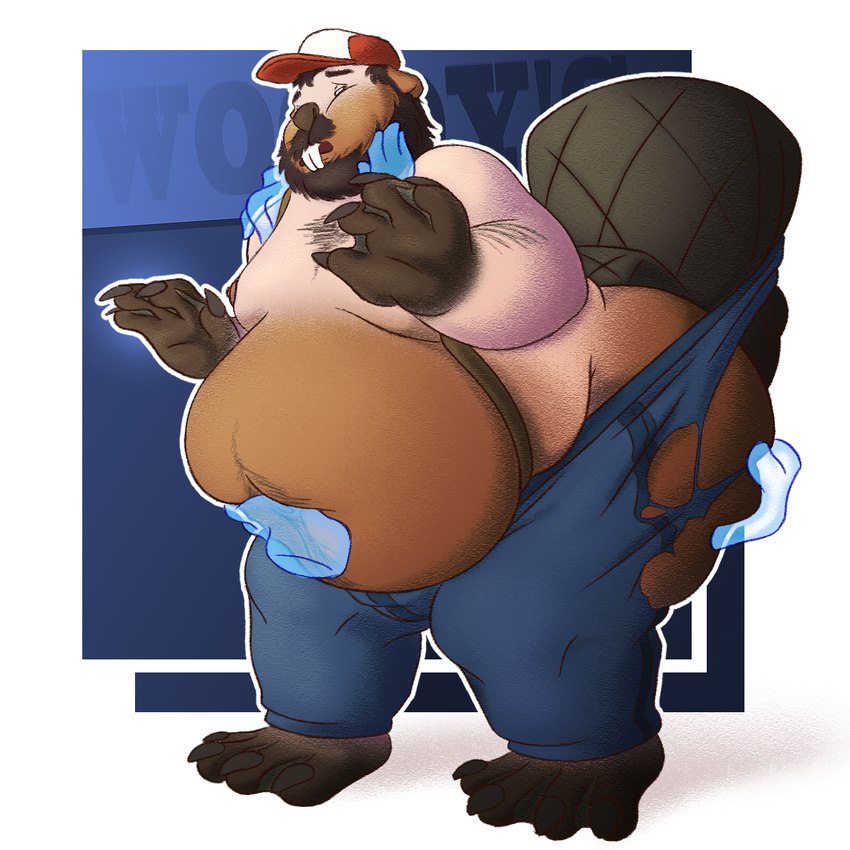 anthro beard beaver_tail belly big_belly big_butt bottomwear brown_body brown_fur brown_hair buckteeth butt chubby_cheeks claws clothed clothing disembodied_hand facial_hair fur ghost_hands group growth hair hand_on_belly hand_on_butt hat headgear headwear human_to_anthro male moobs nipples obese obese_anthro obese_male open_mouth overweight overweight_anthro overweight_male solo_focus species_transformation suspenders tail tail_growth teeth text thick_thighs toe_claws topless torn_bottomwear torn_clothing transformation weight_gain vetoknox beaver human mammal rodent 1:1 english_text hi_res