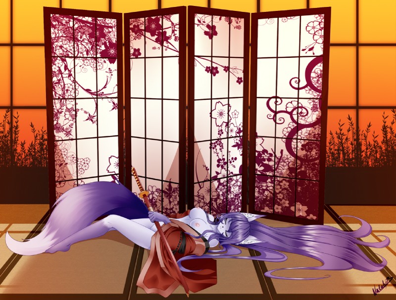 anthro asian_clothing barefoot bottomless breasts clothed clothing east_asian_clothing eyes_closed feet female fur hair japanese_clothing katana kimono melee_weapon plantigrade purple_body purple_fur purple_hair room_divider skimpy sleeping solo sword topless weapon nataly-b ayumi_(whitephox) canid canine fox mammal