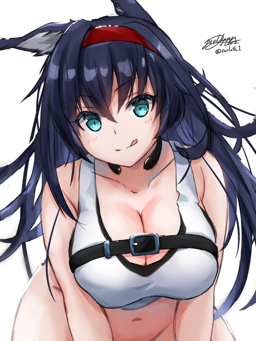 accessory big_breasts breasts cleavage clothed clothing female green_eyes hair headband long_hair looking_at_viewer navel simple_background smile solo tongue tongue_out white_background wide_hips yukinoshiro arknights hypergryph studio_montagne blaze_(arknights) animal_humanoid humanoid 2020 3:4 hi_res