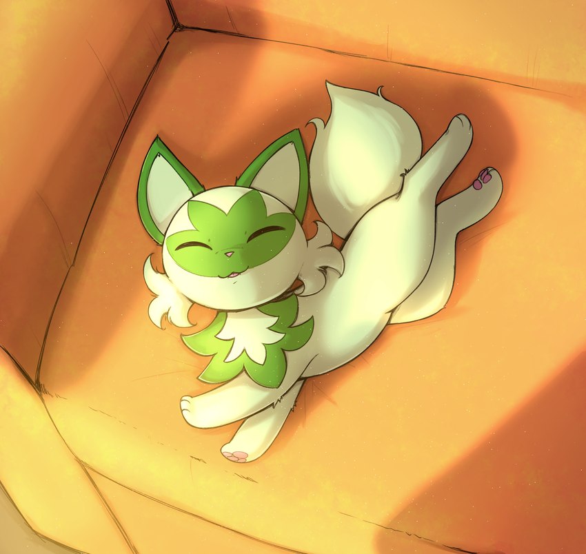 ambiguous_gender eyes_closed feral fur furniture green_body green_fur lying on_side pawpads pink_nose shadow sofa solo otakuap nintendo pokemon generation_9_pokemon pokemon_(species) sprigatito 2024 digital_media_(artwork) hi_res