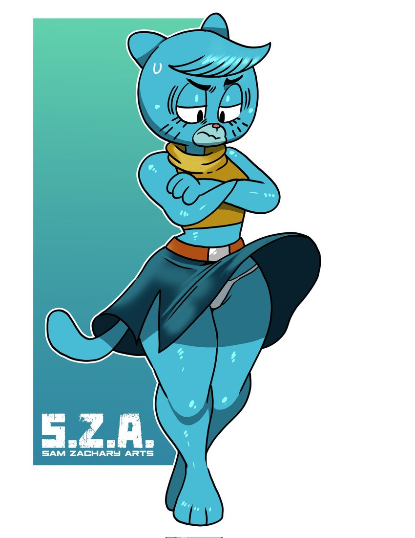 3_fingers anthro bare_shoulders barefoot belt belt_buckle big_eyes biped black_eyebrows black_eyes black_markings blue_body blue_bottomwear blue_clothing blue_ears blue_fur blue_markings blue_skirt blue_tail bodily_fluids bottomwear brown_belt buckle clothed clothed_anthro clothed_female clothing cropped_sweater crossed_arms elderly elderly_anthro elderly_female eyebrows facial_markings feet female fingers fully_clothed fully_clothed_anthro fully_clothed_female fur fur_tuft geometric_background glistening glistening_arms glistening_body glistening_eyelids glistening_face glistening_fur glistening_legs glistening_shoulders glistening_thighs half-closed_eyes head_markings head_tuft iris legs_together light_body light_fur logo looking_at_self looking_down looking_down_at_self markings mature_anthro mature_female midriff monotone_tail muzzle_(marking) narrowed_eyes no_pupils outline panties panty_shot pink_nose plantigrade pointy_ears pose prick_ears pseudo_hair raised_bottomwear raised_clothing raised_skirt side_slit side_slit_clothing side_slit_skirt simple_background skirt small_nose snout solo standing straight_leg sweat sweatdrop sweater tail text thick_thighs three-quarter_view topwear tuft turtleneck underwear upskirt whisker_markings white_clothing white_outline white_panties white_text white_underwear yellow_clothing yellow_sweater yellow_topwear samyueru_zackari cartoon_network the_amazing_world_of_gumball mary_senicourt domestic_cat felid feline felis mammal 2025 artist_logo artist_name digital_drawing_(artwork) digital_media_(artwork) full-length_portrait hi_res portrait