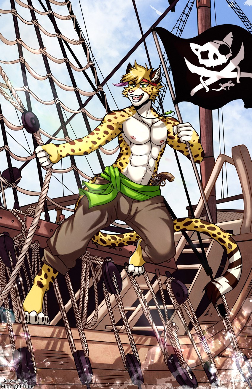 anthro clothed clothing male muscular open_mouth rope ship solo text topless topless_male vehicle watercraft midnight_blue xomiau cheetah felid feline mammal 2022 absurd_res digital_media_(artwork) english_text hi_res