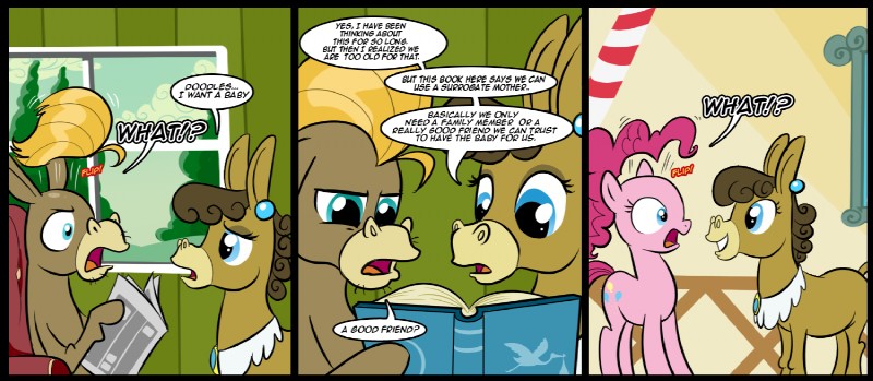 blue_eyes book cutie_mark dialogue female feral hair male newspaper pink_hair quadruped tail text madmax friendship_is_magic hasbro my_little_pony cranky_doodle_donkey_(mlp) matilda_(mlp) pinkie_pie_(mlp) asinus donkey earth_pony equid equine horse mammal pony 2012 comic english_text