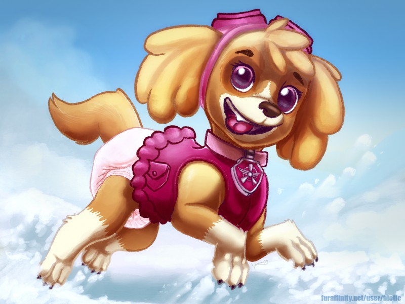 black_nose brown_body brown_fur claws clean_diaper clothed clothing collar diaper eyelashes eyewear female feral fur goggles looking_at_viewer outside paws pink_eyes sky snow solo tan_body tan_fur tongue tongue_out wearing_diaper young young_feral biotic_(artist) paw_patrol skye_(paw_patrol) canid canine canis cockapoo domestic_dog mammal mixed_breed 2019 4:3 hi_res