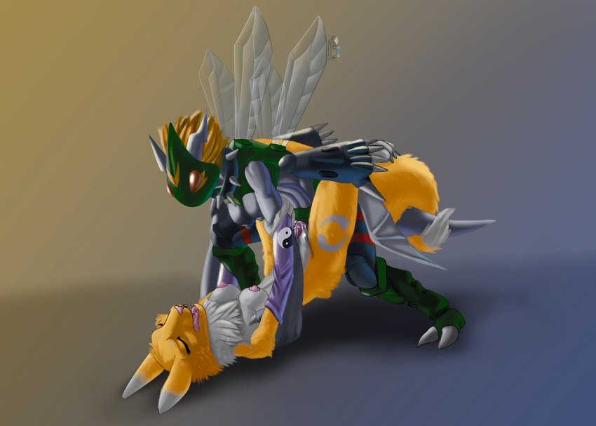 blue_body eyes_closed female from_front_position fur green_body hair insect_wings intersex intersex/female leglock lying missionary_position on_back open_mouth orange_eyes orange_hair sex tail tail_coil white_body white_fur wings yellow_body yellow_fur drqube bandai_namco digimon animal_humanoid arthropod arthropod_humanoid canid digimon_(species) dinobeemon humanoid insect insect_humanoid mammal renamon hi_res