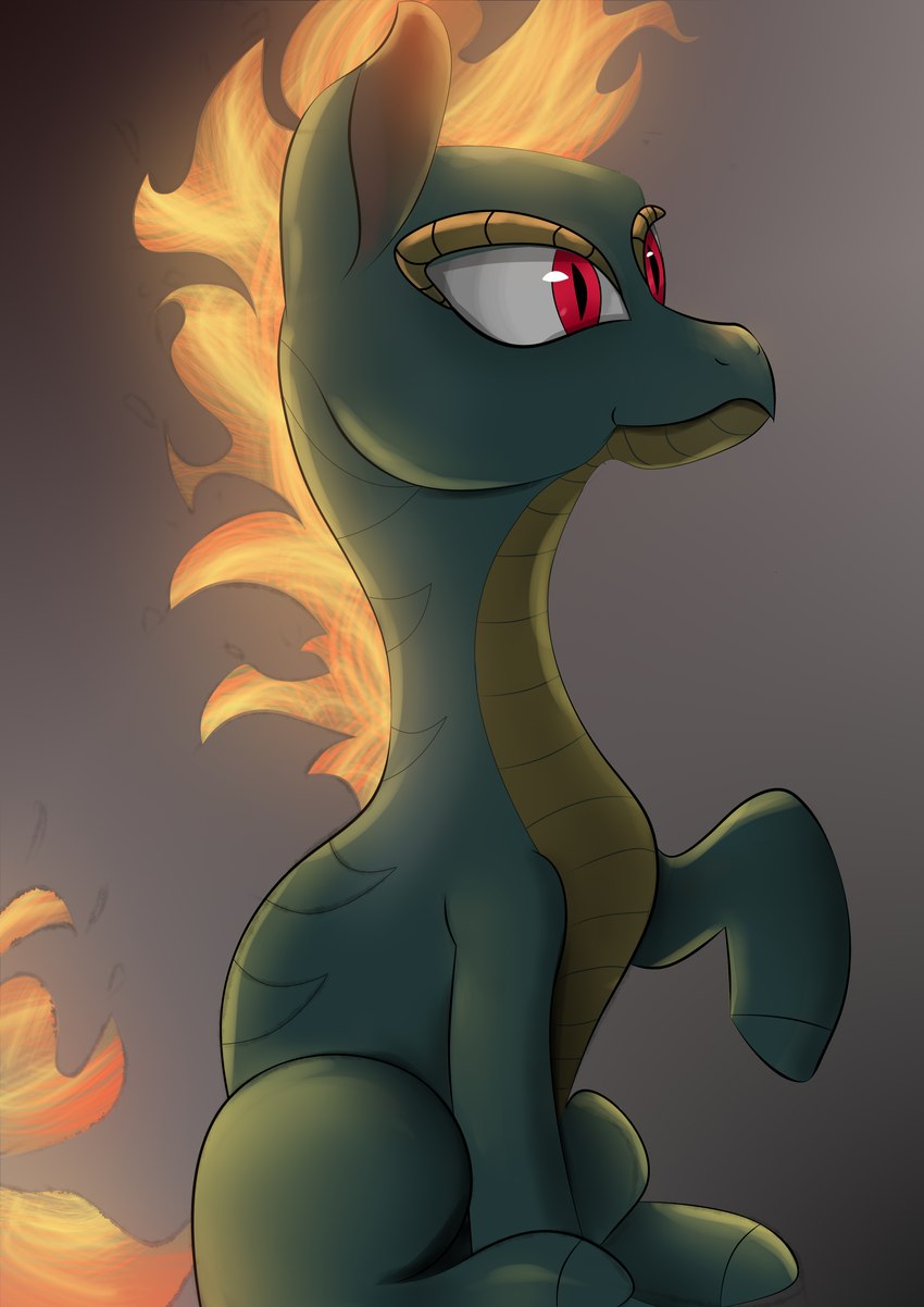 female feral fire flaming_hair flaming_mane flaming_tail green_body green_scales hooves pseudo_hair pseudo_mane pupils raised_hoof red_eyes scales sitting slit_pupils solo tail infy_ti asian_mythology chinese_mythology east_asian_mythology mythology them's_fightin'_herds tianhuo_(tfh) dragon longma mythological_creature mythological_equine mythological_scalie scalie 2023 absurd_res digital_drawing_(artwork) digital_media_(artwork) hi_res