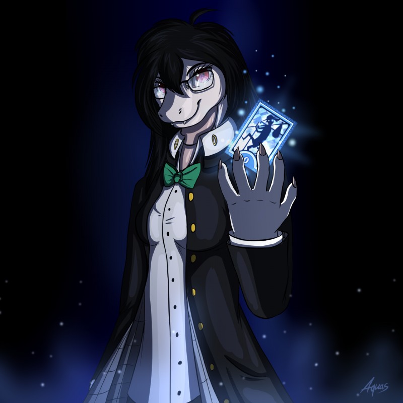 black_hair card claws clothing eyewear fangs female fortune_telling glasses grey_body grey_scales hair long_hair major_arcana purple_eyes red_eyes scales school_uniform slightly_chubby smile tarot tarot_card teeth the_fool_(tarot) uniform aquas_sirenix atlus megami_tensei megami_tensei_persona persona_(series) persona_4 sega aquatica_energix yu_narukami lizard reptile scalie 1:1 2018 hi_res