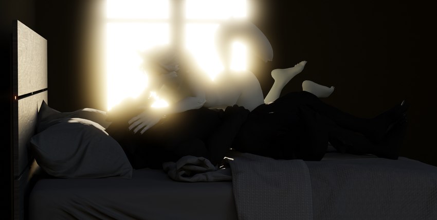 anthro bed black_body black_fur bloom duo female fur furniture inside light male sunlight white_body white_fur window wolfikous petruz_(copyright) wolf_(petruz) canid canine canis mammal wolf 3d_(artwork) blender_(artwork) digital_media_(artwork) hi_res