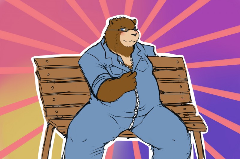 anthro biped black_nose blue_eyes blush brown_body brown_fur clothed clothing eyewear fur glasses male parody sitting slightly_chubby solo suggestive shinoda_hamazaki kuso_miso_technique yaranaika bear mammal meme