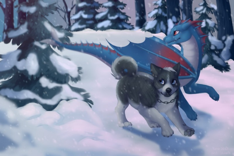 blue_eyes day detailed_background duo feral horn membrane_(anatomy) membranous_wings outside paws red_eyes snow spines standing tail wings izabella yana-r mythology canid canine canis domestic_dog dragon mammal mythological_creature mythological_scalie scalie artist_collaboration digital_media_(artwork) shaded