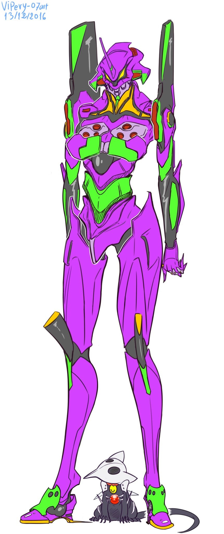 black_body breasts claws duo female green_body machine mecha multicolored_body not_furry purple_body simple_background spikes standing white_background vipery-07 neon_genesis_evangelion eva_unit_01 humanoid hi_res