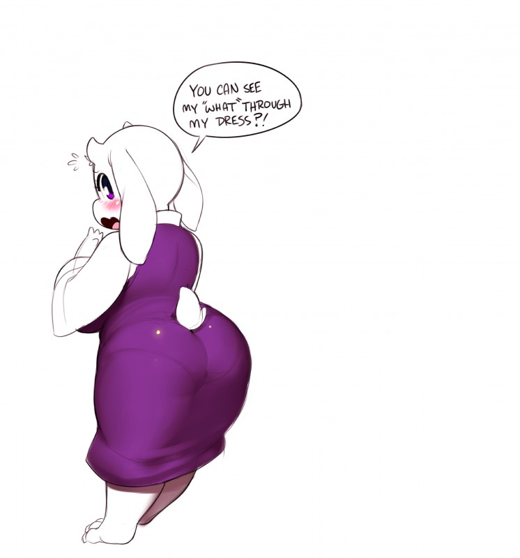 anthro barefoot big_breasts big_butt biped blush bodily_fluids breasts butt clothing dialogue dress embarrassed feet female flying_sweatdrops fur horn long_ears looking_back open_mouth panty_lines purple_eyes simple_background solo speech_bubble sweat sweatdrop text underwear_outline white_background white_body white_fur tsudanym undertale undertale_(series) toriel boss_monster_(undertale) bovid caprine mammal absurd_res english_text hi_res