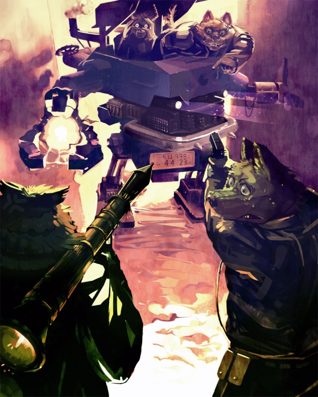 aiming aiming_at_another amazing_background anthro battle bodily_fluids detailed_background gesture group gun hand_gesture handgun holding_gun holding_object holding_ranged_weapon holding_weapon machine male mecha pistol pointing pointing_at_another ranged_weapon rocket_launcher sweat weapon worried motogen bovid canid canine canis caprine domestic_dog goat mammal 2008 4:5 detailed hi_res warm_colors