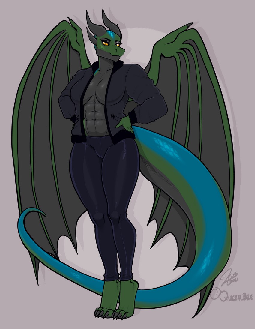 abs anthro breasts clothed clothing digitigrade female jacket leggings legwear open_clothing open_jacket open_topwear solo tail topwear wings hiddenwolf mythology iryx dragon mythological_creature mythological_scalie scalie absurd_res hi_res