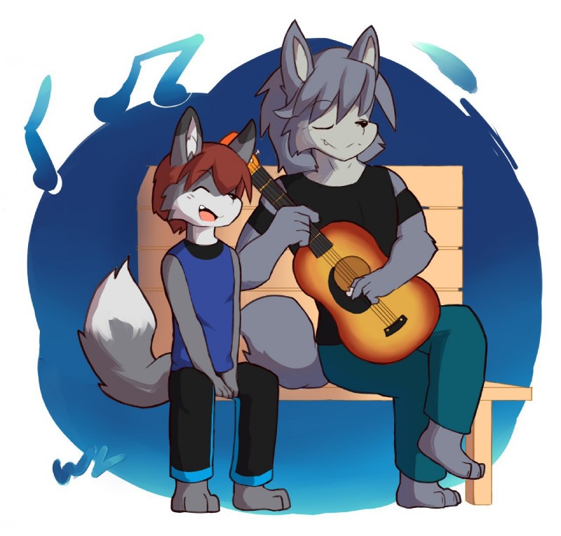 anthro clothing duo guitar male music musical_instrument playing_guitar playing_music plucked_string_instrument romantic romantic_couple shirt simple_background singing sitting string_instrument tank_top topwear whiteleo morenatsu kouya_(morenatsu) sirus canid canine canis domestic_dog fox husky mammal nordic_sled_dog spitz 2017 hi_res