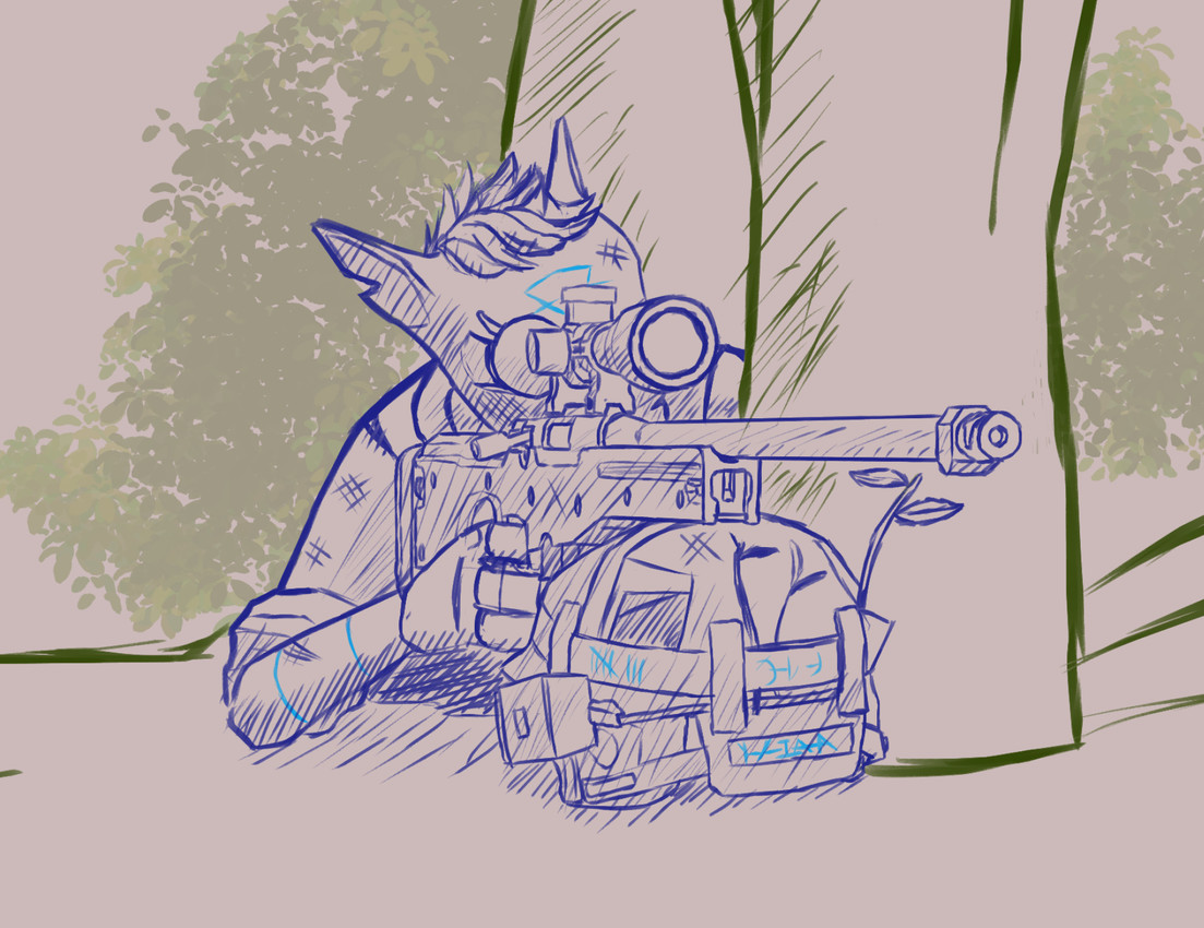 4_fingers aiming_weapon ambiguous_gender anthro armor clothed clothing detailed_background dirty fingers forehead_mark furgonomic_headwear furgonomics gun headgear helmet holding_gun holding_object holding_ranged_weapon holding_rifle holding_weapon lying notched_ear on_front on_ground outside plant ranged_weapon rifle rolled_up_sleeves sniper_rifle solo tally_marks tree weapon wshfly project_silverfish inheritor lizard reptile scalie 2026 hi_res