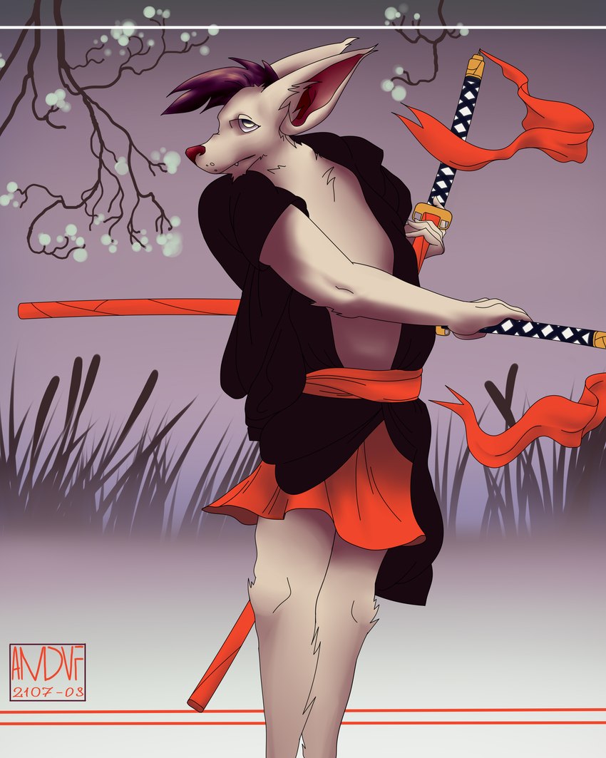 5_fingers anthro asian_clothing big_ears black_clothing black_hair branch cattail_(plant) clothed clothing ears_back east_asian_clothing fingers flower flowering_plant fur gradient_background grass grey_eyes hair japanese_clothing katana kimono kimono_only looking_at_viewer male melee_weapon monotone_body monotone_fur mostly_nude one_eye_obstructed outside pivoted_ears plant red_clothing red_nose red_ribbon reeds simple_background solo sword tan_body tan_fur teeth topwear tree weapon white_flower gwolk canid canine canis domestic_dog mammal 2021 4:5 absurd_res digital_drawing_(artwork) digital_media_(artwork) full-length_portrait hi_res portrait shaded signature