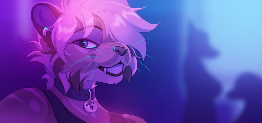 anthro blonde_hair clothed clothing collar ear_piercing fangs female fur hair nightclub piercing purple_eyes sabertooth_(anatomy) smile solo teeth grimmla falla_(f-r95) felid mammal prehistoric_species saber-toothed_tiger 2019 alternate_version_at_source digital_media_(artwork)