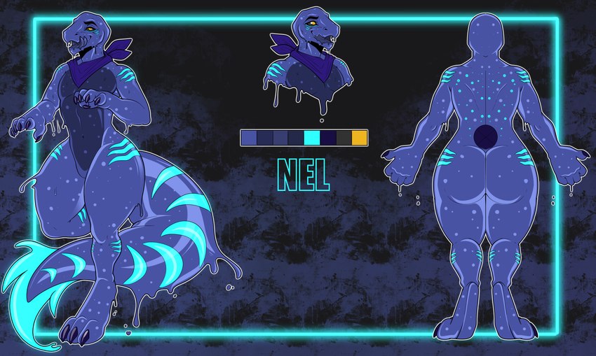 anthro big_butt butt clothing glowing glowing_markings male markings nude slime solo striped_markings striped_tail stripes tail tail_markings thick_tail thick_thighs tongue tongue_out wide_hips killjoy0208 nel_newt amphibian goo_creature humanoid newt reptile salamander scalie absurd_res hi_res model_sheet