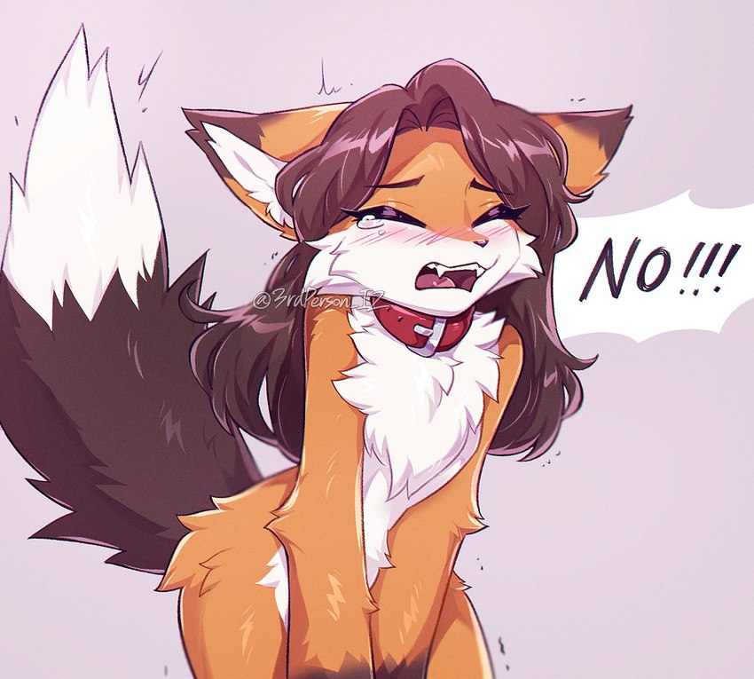 anthro biped blush blush_lines bodily_fluids brown_ear_tips brown_eyebrows brown_hair brown_tail collar collar_only crying dialogue dipstick_ears dipstick_tail ear_markings eyebrow_through_hair eyebrows eyelashes eyes_closed fangs female female_anthro fluffy fluffy_tail fur grey_background hair hands_on_crotch kemono leaning leaning_forward long_hair markings multicolored_body multicolored_ears multicolored_fur nude nude_anthro nude_female open_mouth orange_body orange_fur raised_tail red_collar shaking simple_background solo speech_bubble tail tail_markings tears teeth text translucent translucent_hair tuft white_body white_fur white_inner_ear white_tail_tip yelling 3rdperson_iz canid canine fox mammal digital_media_(artwork) distracting_watermark english_text hi_res portrait reaction_image three-quarter_portrait watermark